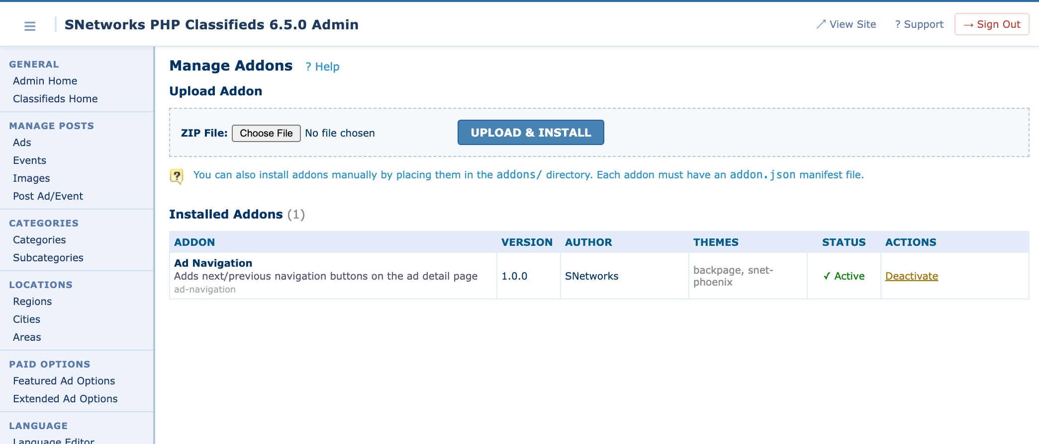 SNetworks admin panel addon management page showing ZIP upload panel and installed addons list with status badges and action buttons