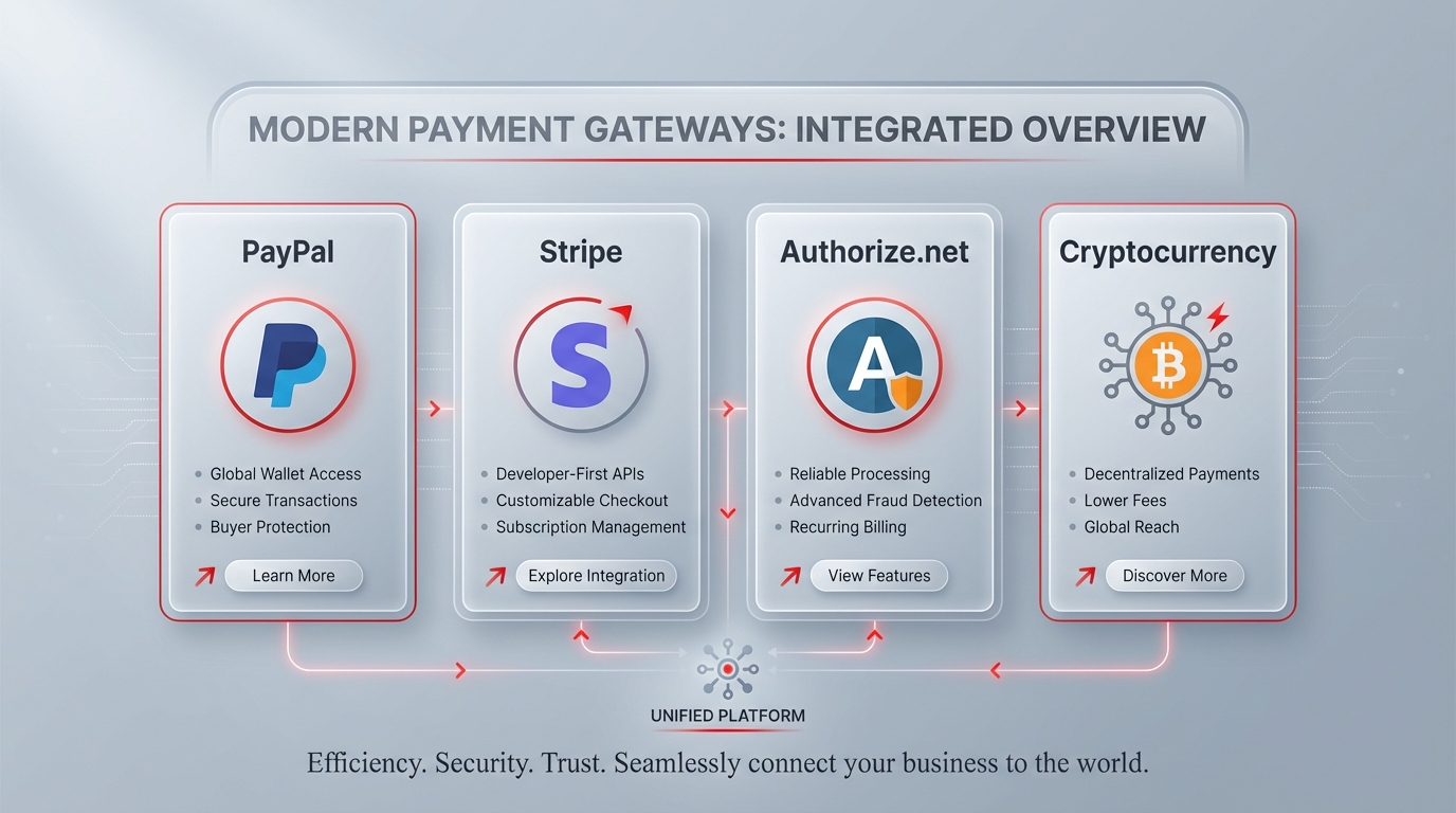 Payment gateway integrations overview showing PayPal, Stripe, Authorize.net, and cryptocurrency support